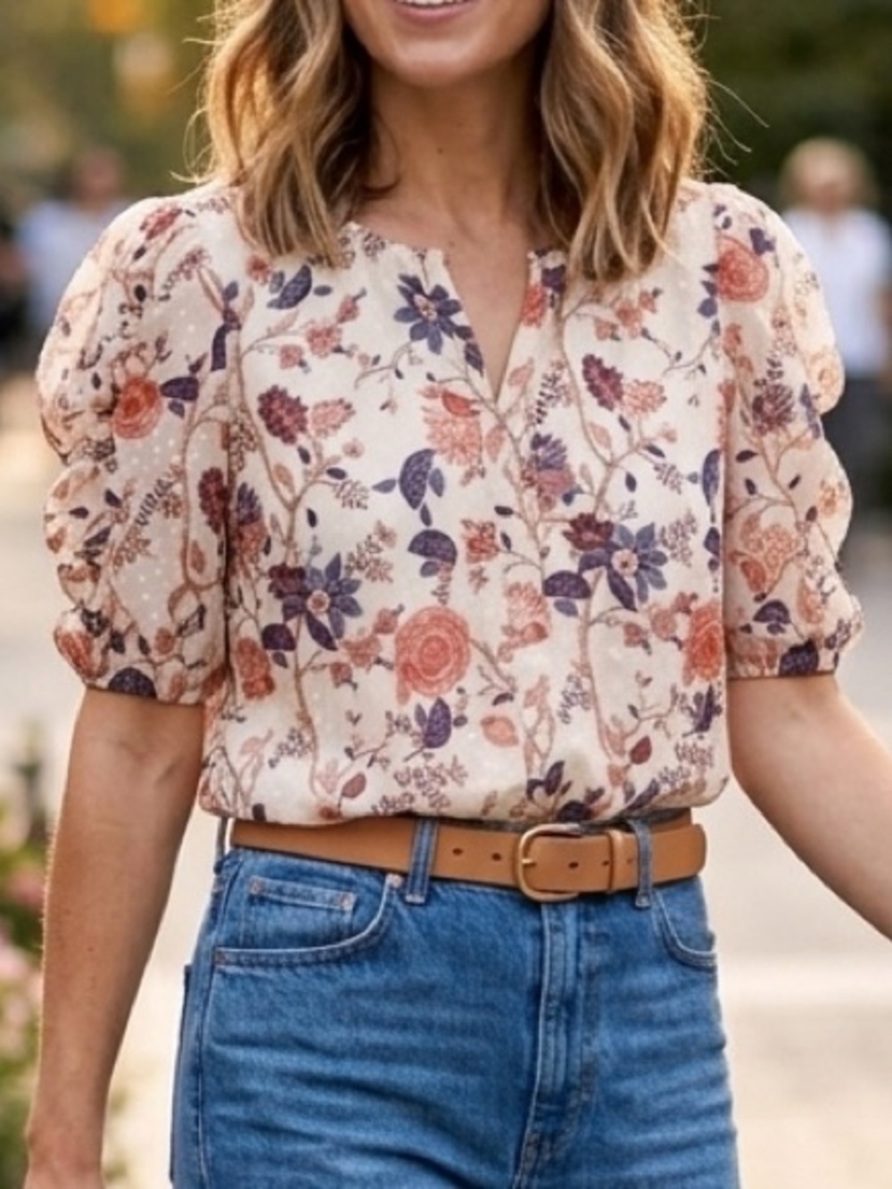 Rachel Zoe Floral Swiss Dot Blouse Puff Sleeve Cottagecore Broho Top Large
